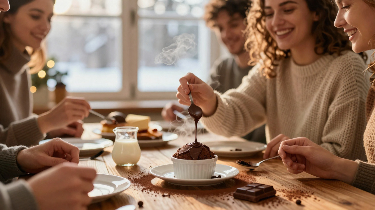 Gruppe junger Menschen sitzt an einem Tisch und genießt heiße Schokolade und Kuchen in gemütlicher Atmosphäre.