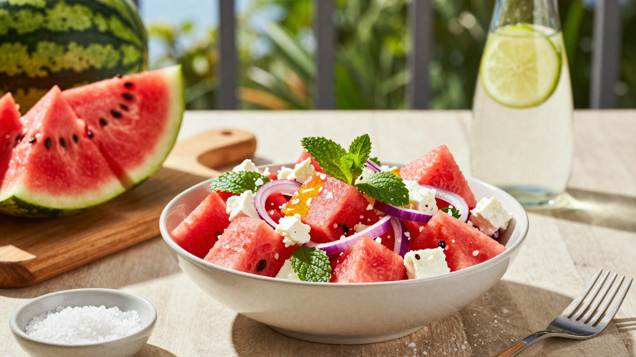 Schüssel mit Wassermelonen-Feta-Salat, frischer Minze, roten Zwiebeln, neben Wasser mit Limettenscheibe und Salz.