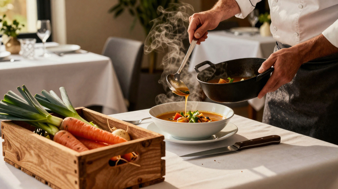 Koch schöpft heiße Gemüsesuppe aus Topf in Teller in einem Restaurant mit frischem Gemüse im Holzkasten.