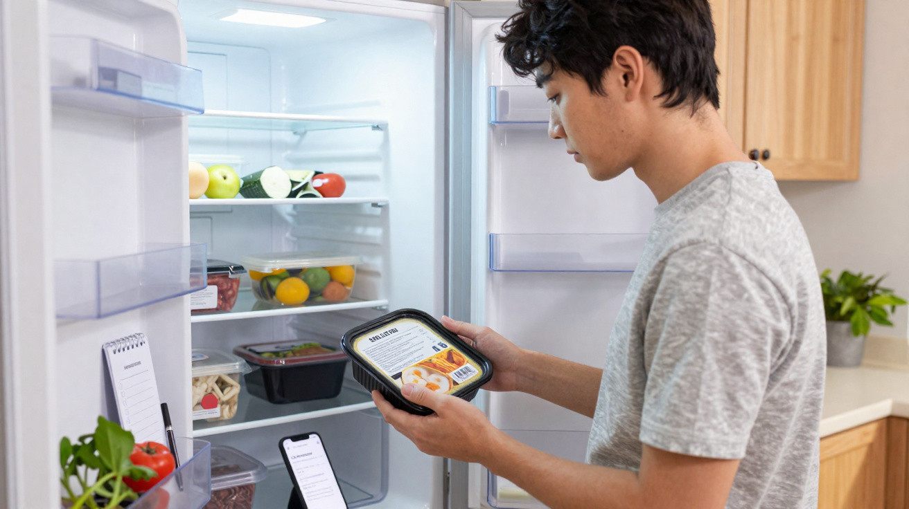Junger Mann hält unverpacktes Essen vor offenem Kühlschrank mit frischem Obst und Gemüse.