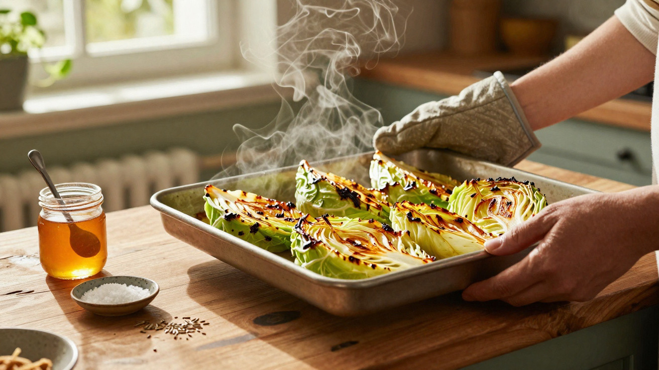Gegrillte Kohlviertel auf Backblech, dampfend, neben Honig im Glas und Salz auf Holztisch.
