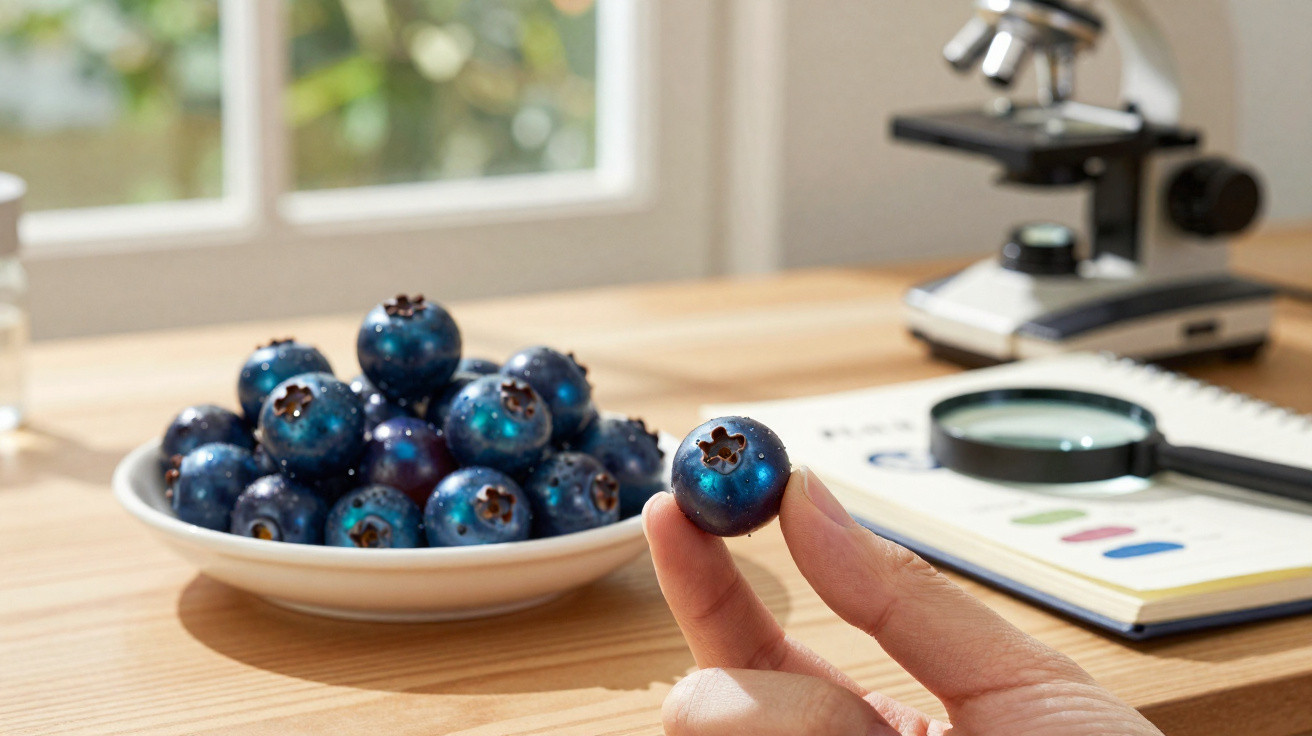 Hand hält eine große Blaubeere vor Teller mit Blaubeeren, Lupe und Mikroskop auf Holztisch im Hintergrund.
