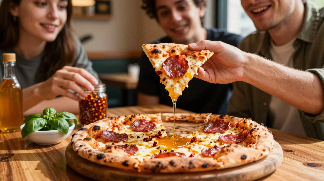Drei junge Menschen teilen eine Pepperoni-Pizza, während ein Stück mit Käse und Honig aufgenommen wird.
