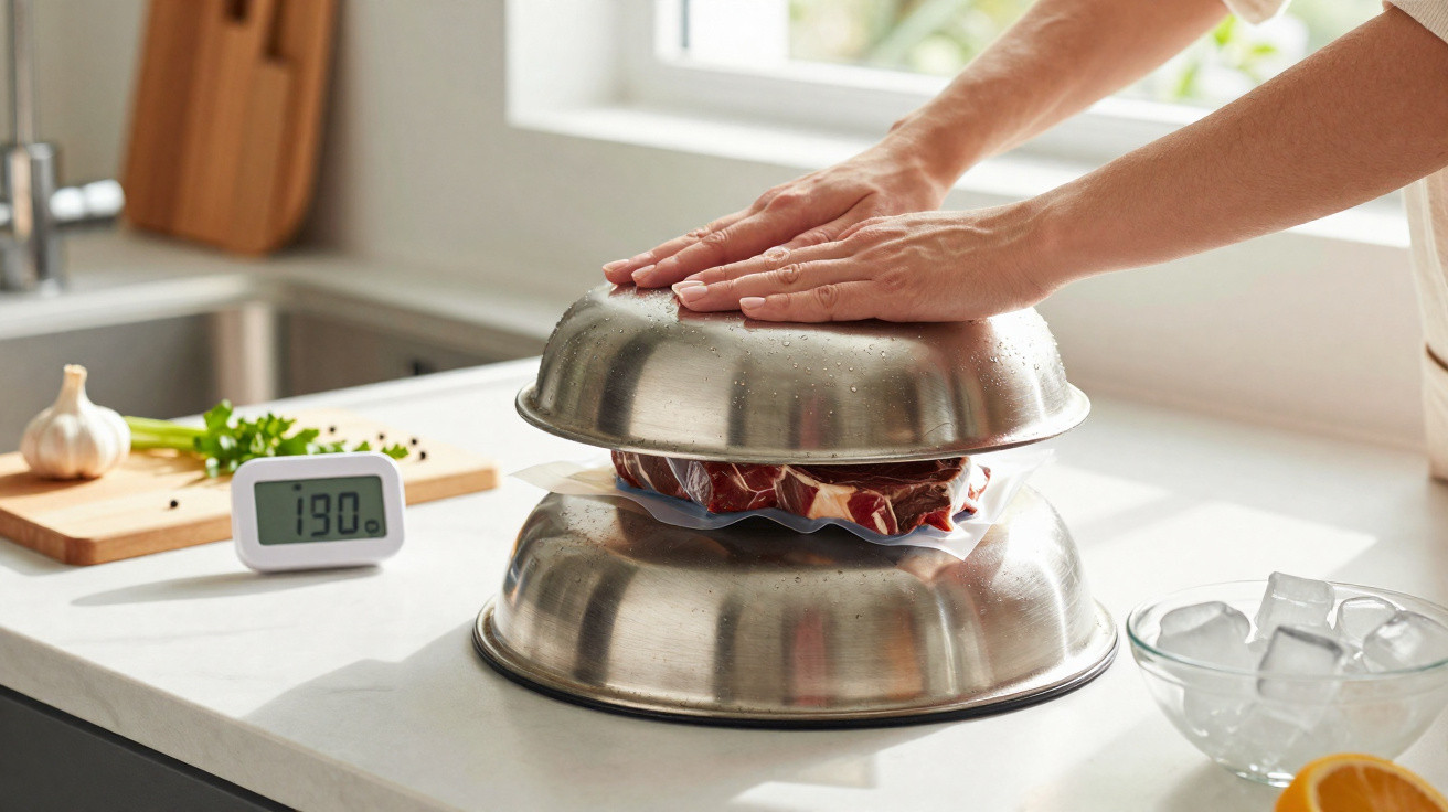 Person presst rohes Fleisch mit zwei Edelstahlschüsseln zum Schnellauftauen auf einer Küchenarbeitsplatte.