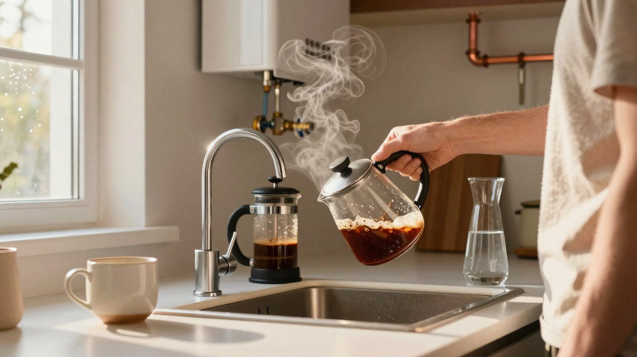Person gießt frisch gebrühten dampfenden Kaffee aus einer Glaskanne über Spüle in moderner Kücheneinrichtung.