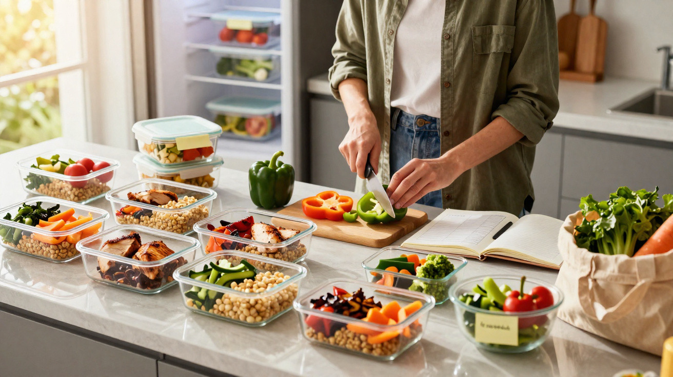 Frau schneidet Paprika auf Küchenarbeitsplatte mit vorbereiteten Mahlzeiten in Glasbehältern zum Meal Prep.