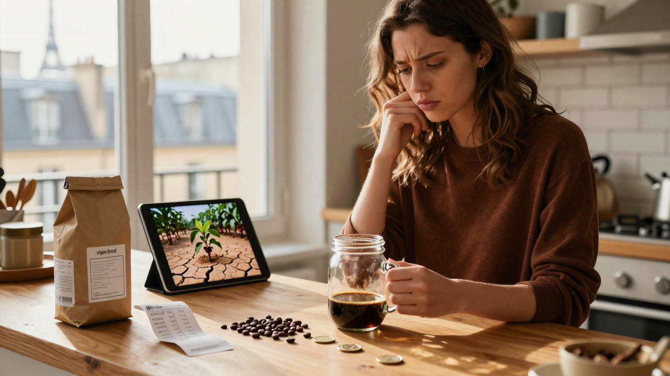 Frau sitzt nachdenklich am Küchentisch mit Kaffee, Münzen, Kaffeebohnen und Tablet zeigt vertrockneten Boden mit Pflanze.