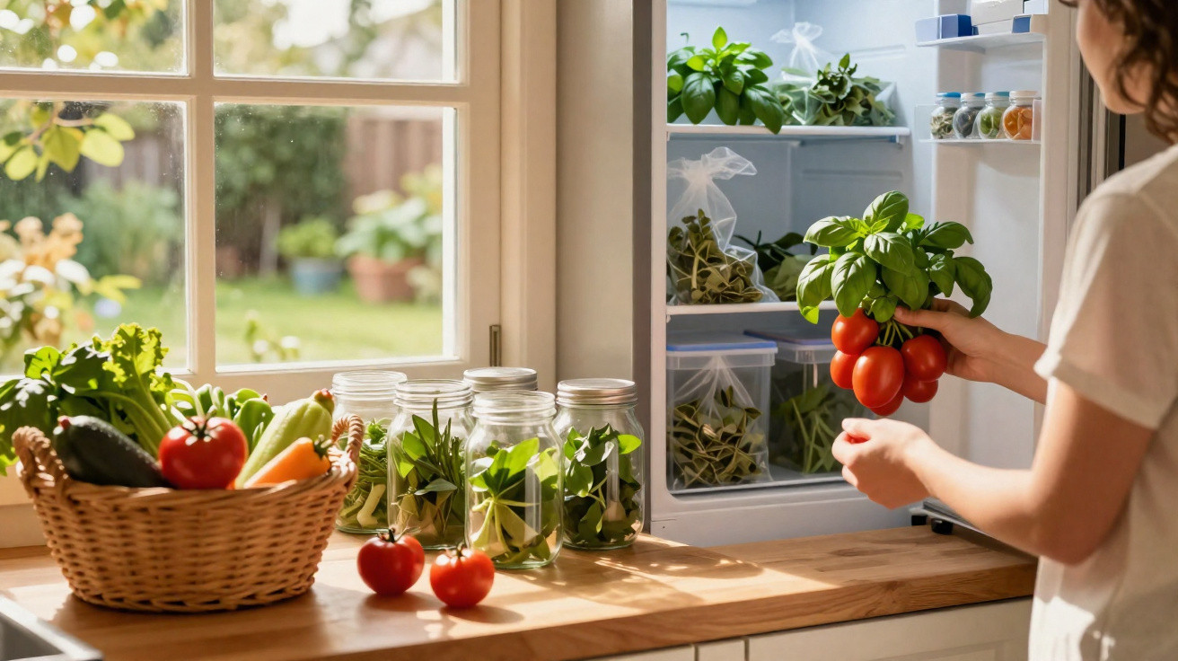 Frau legt frische Tomaten mit Basilikum in einen gut organisierten Kühlschrank voller Kräuter und Gemüse.