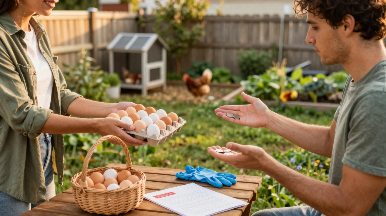 Junge Frau verkauft Eier an jungen Mann im Garten, der Münzen für den Kauf überreicht.