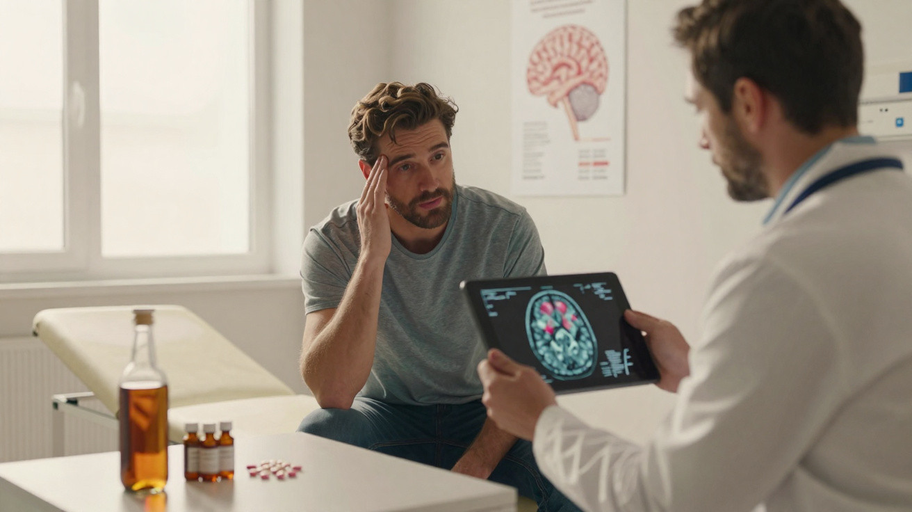 Mann mit Kopfschmerzen im Gespräch mit Arzt, der Gehirn-Scan auf Tablet zeigt, Pillen und Flasche auf Tisch.