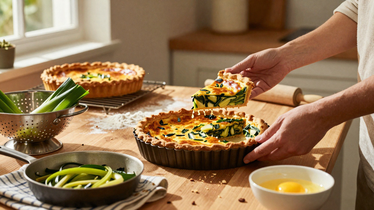 Person hebt frisches Stück Zucchini-Quiche von einer Kuchentarte auf einem Holztisch in der Küche.