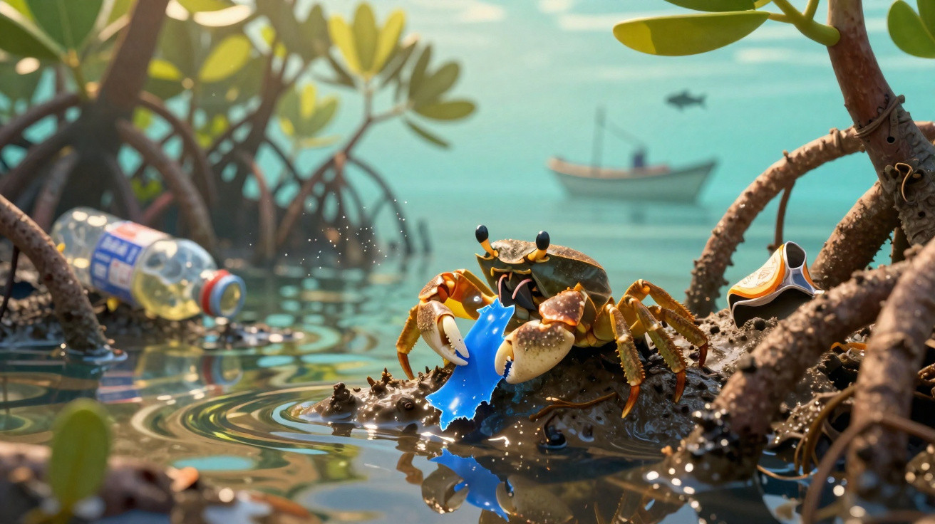 Krabbe in mangrovenbewachsener Küstenlandschaft mit Meeresverschmutzung durch Plastik und Flaschen im Wasser.