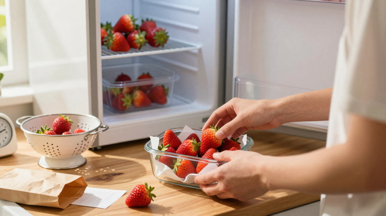 Person nimmt frische Erdbeeren aus einem Gefäß auf einer Küchenarbeitsplatte neben einem geöffneten Kühlschrank.