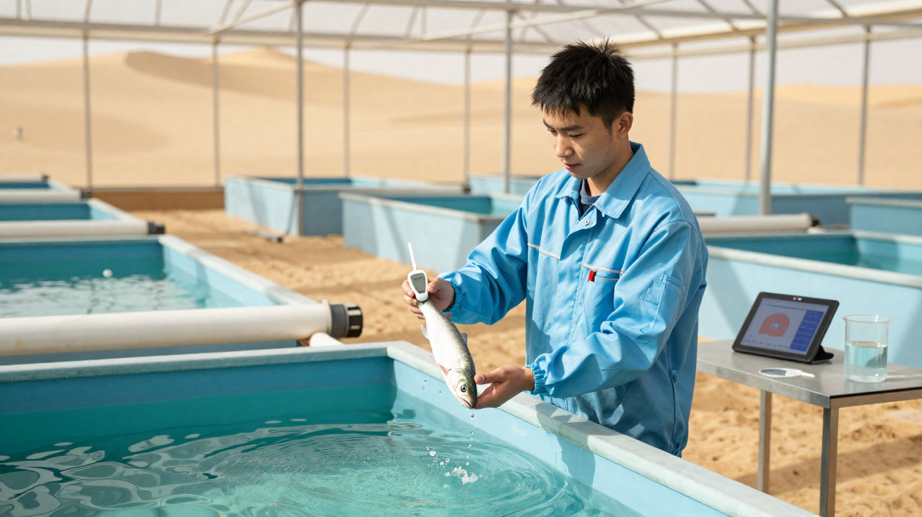 Mann in Schutzkleidung misst Temperatur eines Fisches in Aquakulturbecken unter einem Gewächshaus.