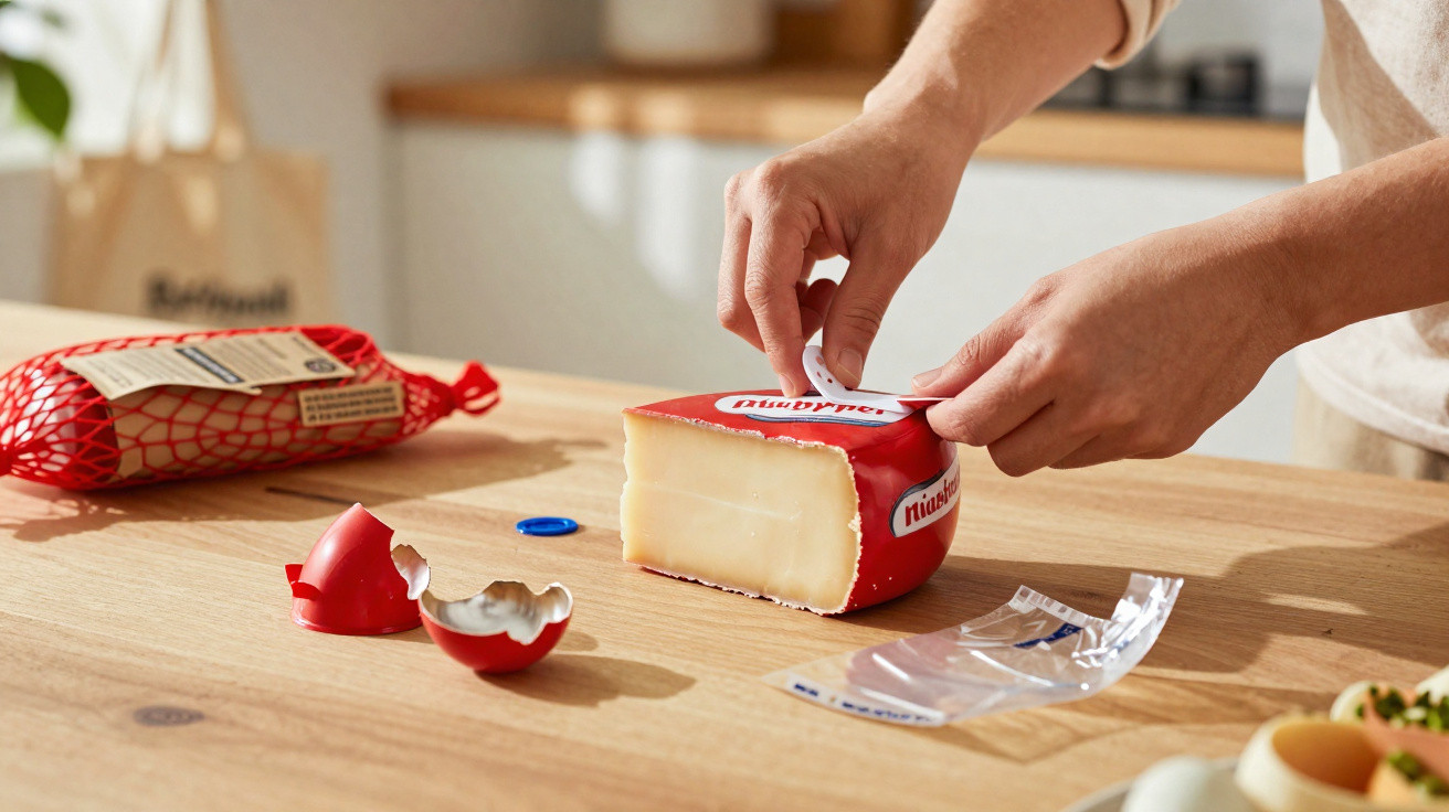 Person entfernt die Folie von einem Stück Käse mit rotem Wachsüberzug auf einem Holztisch.