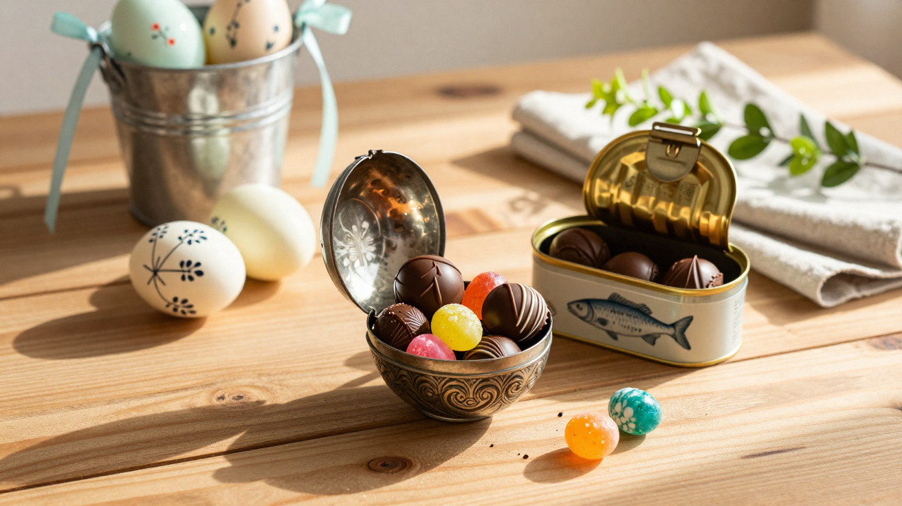 Ostereier und Schokoladenpralinen in Dose und Metallbehälter auf hellem Holztisch mit Pflanze im Hintergrund.