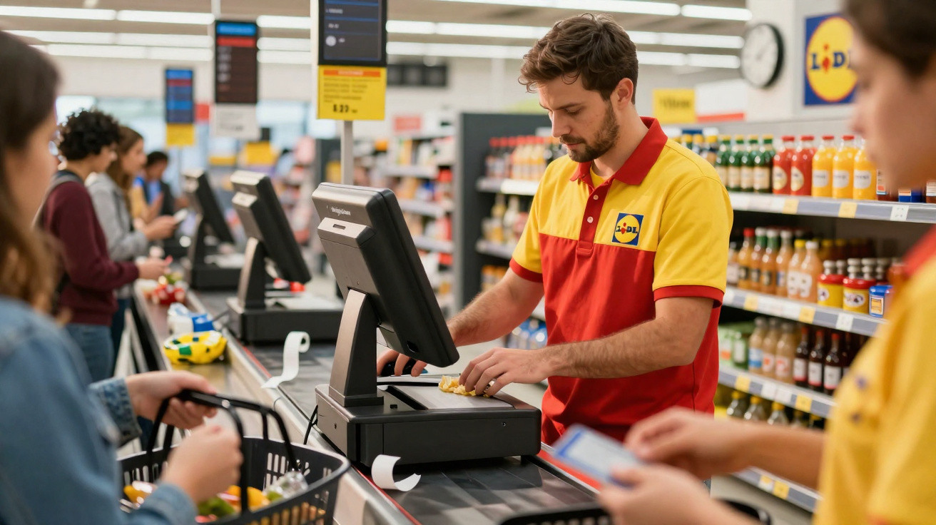 Lidl-Mitarbeiter scannt Waren an der Kasse, Kunden warten mit Einkaufskörben im Supermarkt.