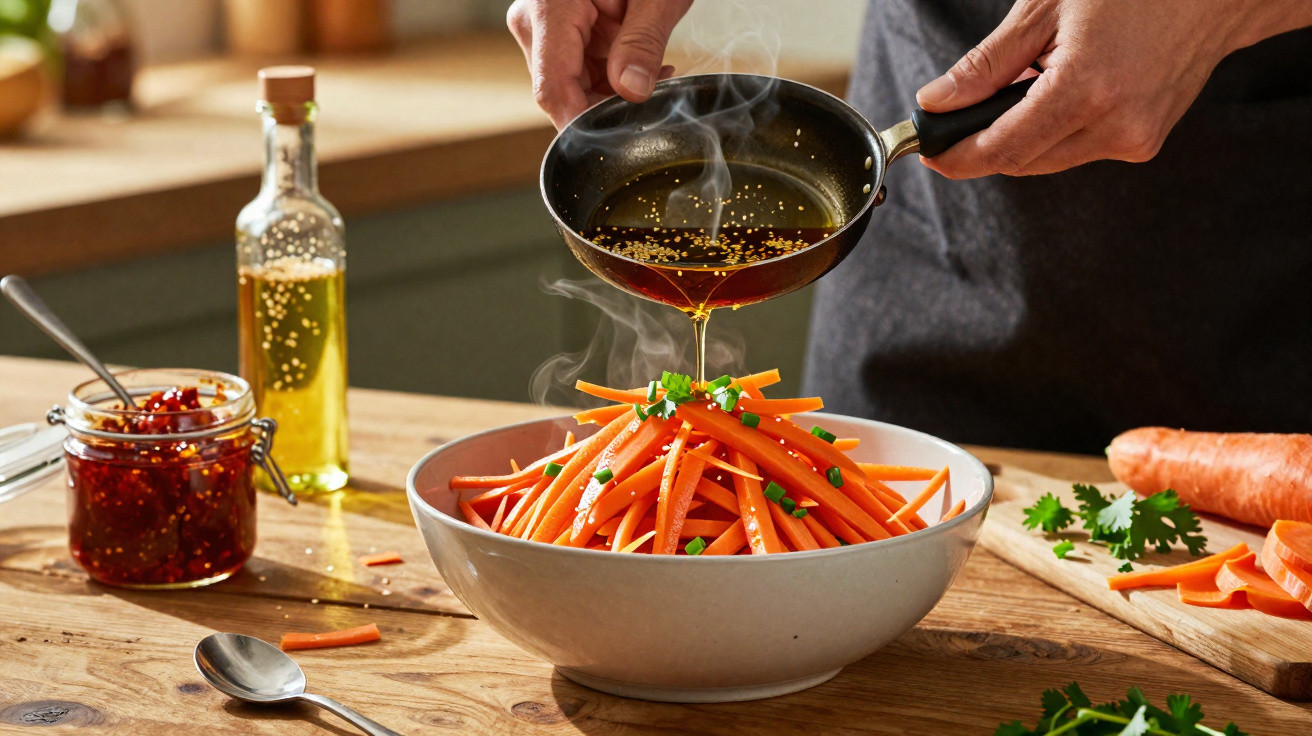 Dampfende Marinade wird über frisch geschnittene Möhrenstreifen in einer Schüssel gegossen.