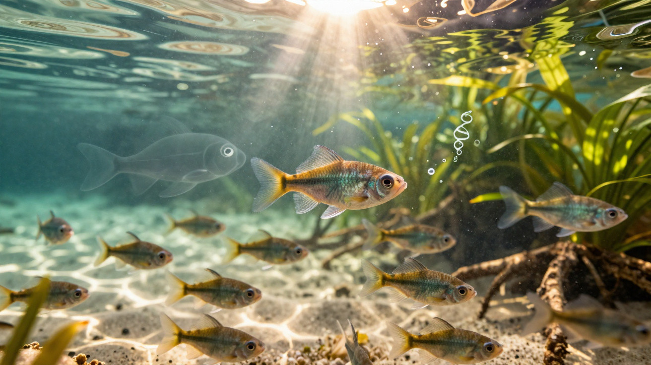 Unterwasseraufnahme von einem Schwarm kleiner Fische in klarem Wasser mit Sonnenstrahlen und Wasserpflanzen.