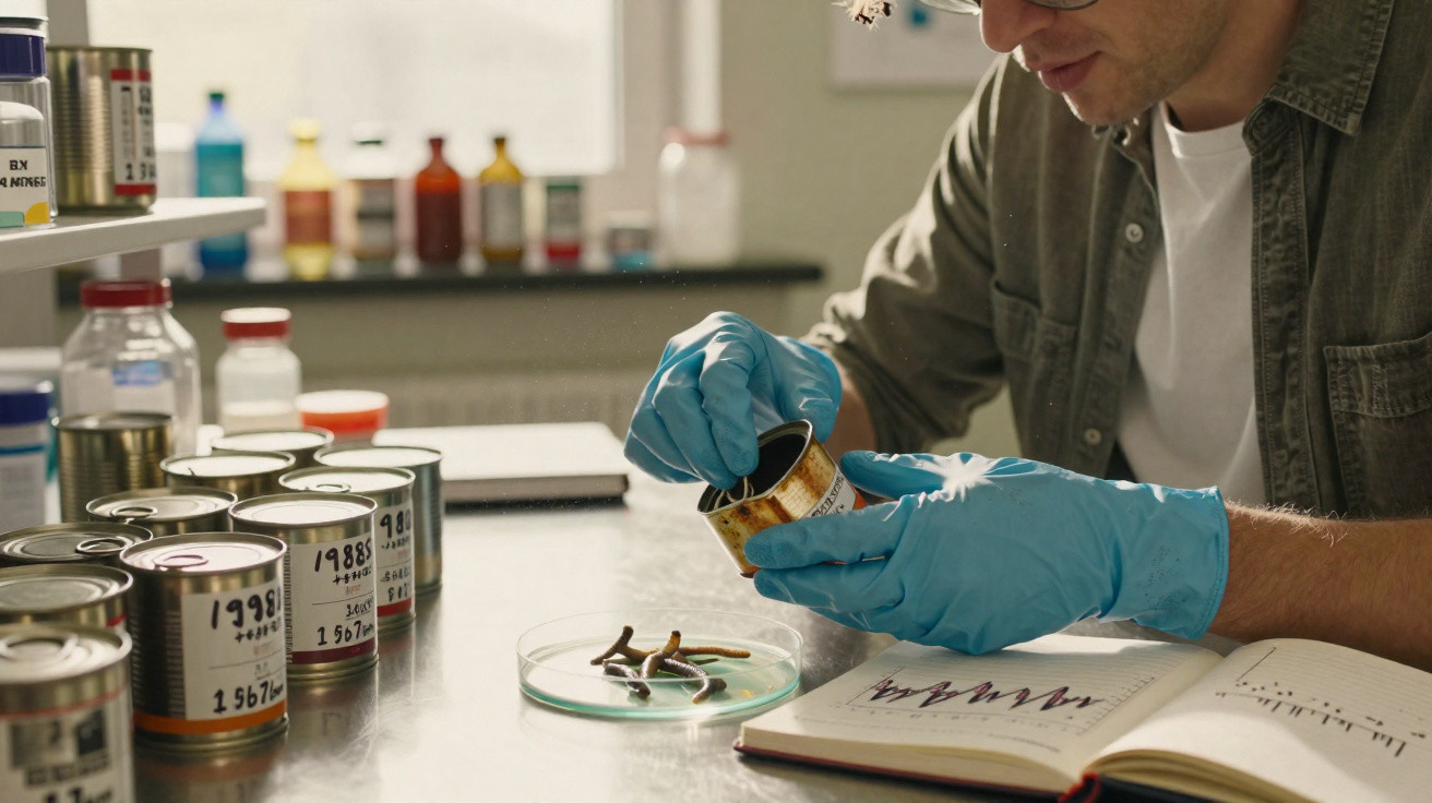 Wissenschaftler mit blauen Handschuhen untersucht Proben in Dosen im Labor am Labortisch.