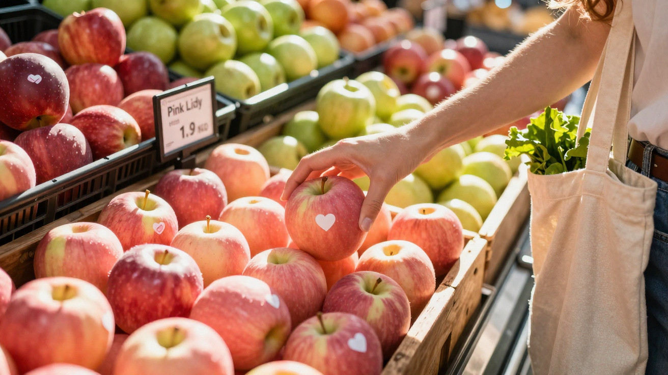 Frau greift nach Pink Lady Äpfeln mit Herz-Aufklebern in Obstabteilung eines Supermarkts.
