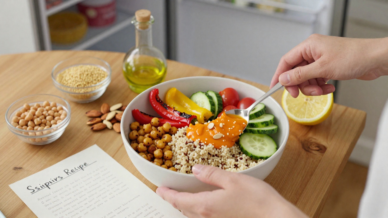 Person löffelt Soße über eine Bowl mit Kichererbsen, Quinoa, Gurken, Tomaten und Paprika auf einem Holztisch.