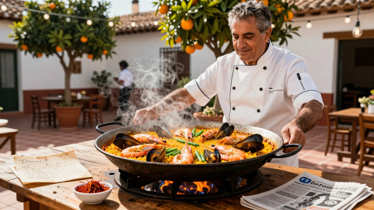 Koch in weißer Uniform bereitet dampfende Paella mit Garnelen und Muscheln im Freien unter Orangenbäumen zu.
