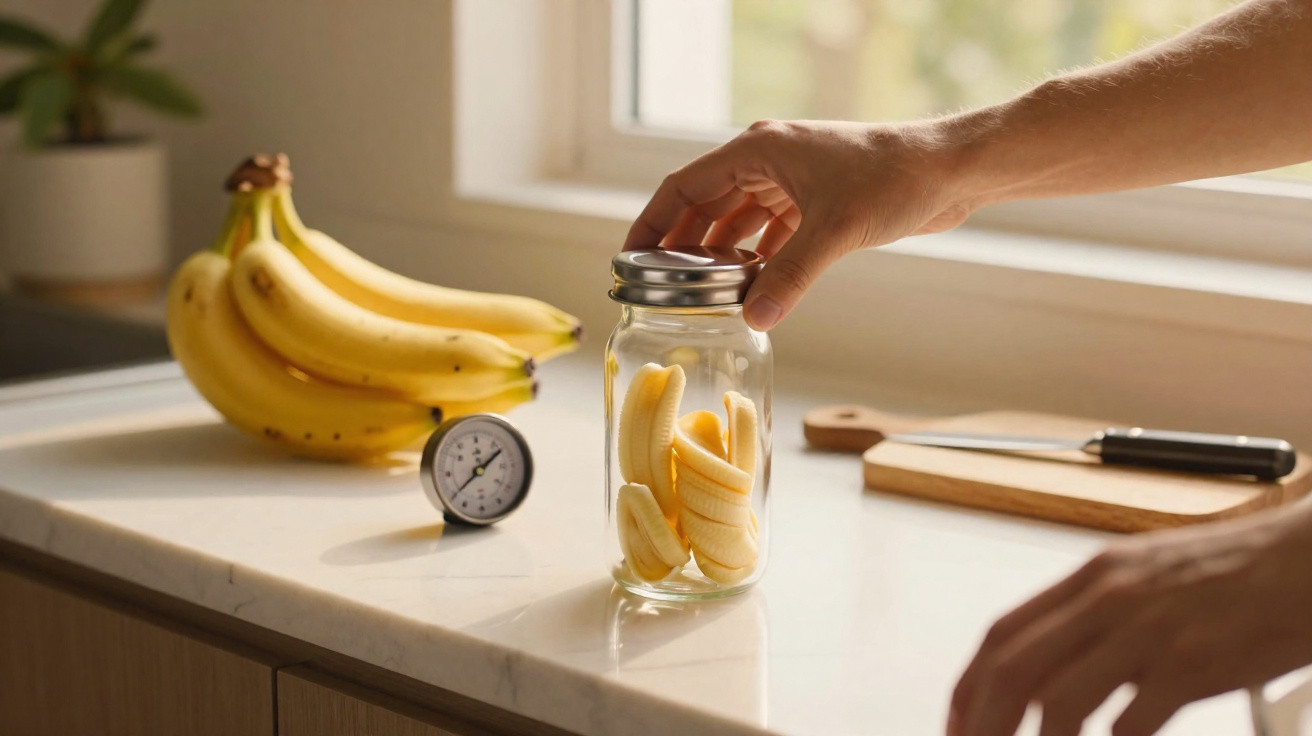 Hand legt Deckel auf ein Glas mit Bananenscheiben auf Küchenarbeitsplatte mit Bananen und Timer im Hintergrund.