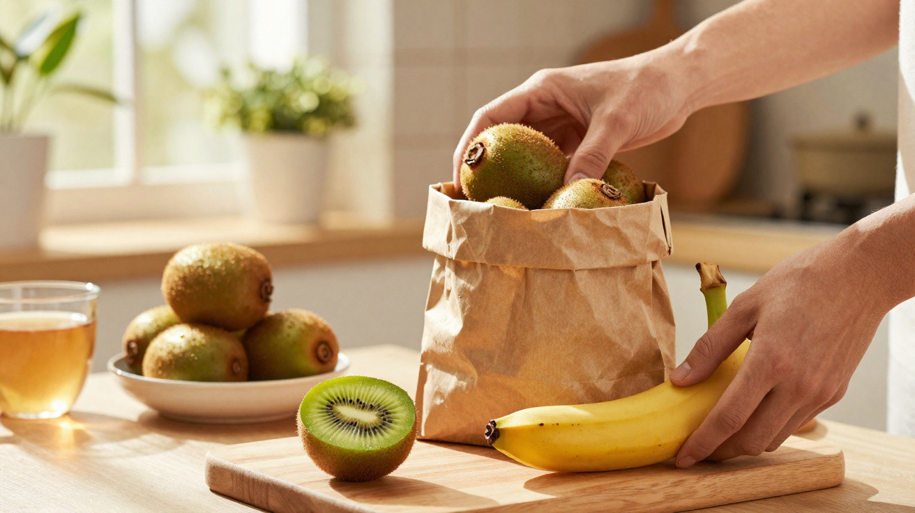 Person legt Kiwis und eine Banane auf ein Holzbrett in einer hellen Küche mit Pflanzen im Hintergrund.