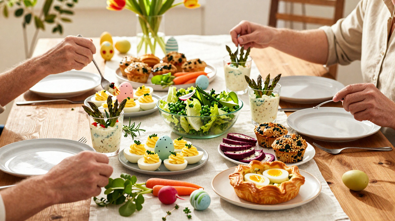Osteressen mit Salat, gefüllten Eiern, Muffins, Spargelcreme und bunt dekorierten Eiern auf einem Holztisch.