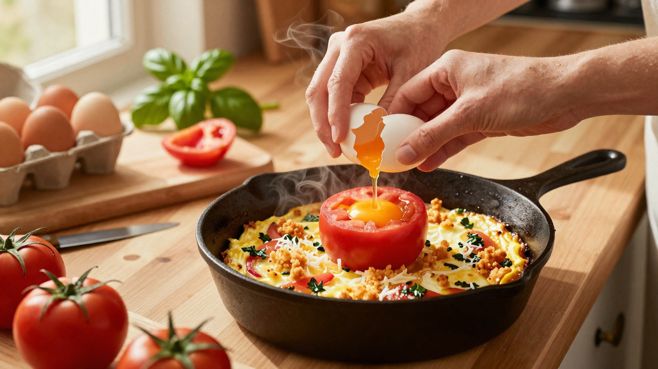 Frische Tomate in Pfanne mit Ei gefüllt, das auf ein Tomatenbett in einer Pfanne auf einem Küchenarbeitsplatz aufgeschlagen w