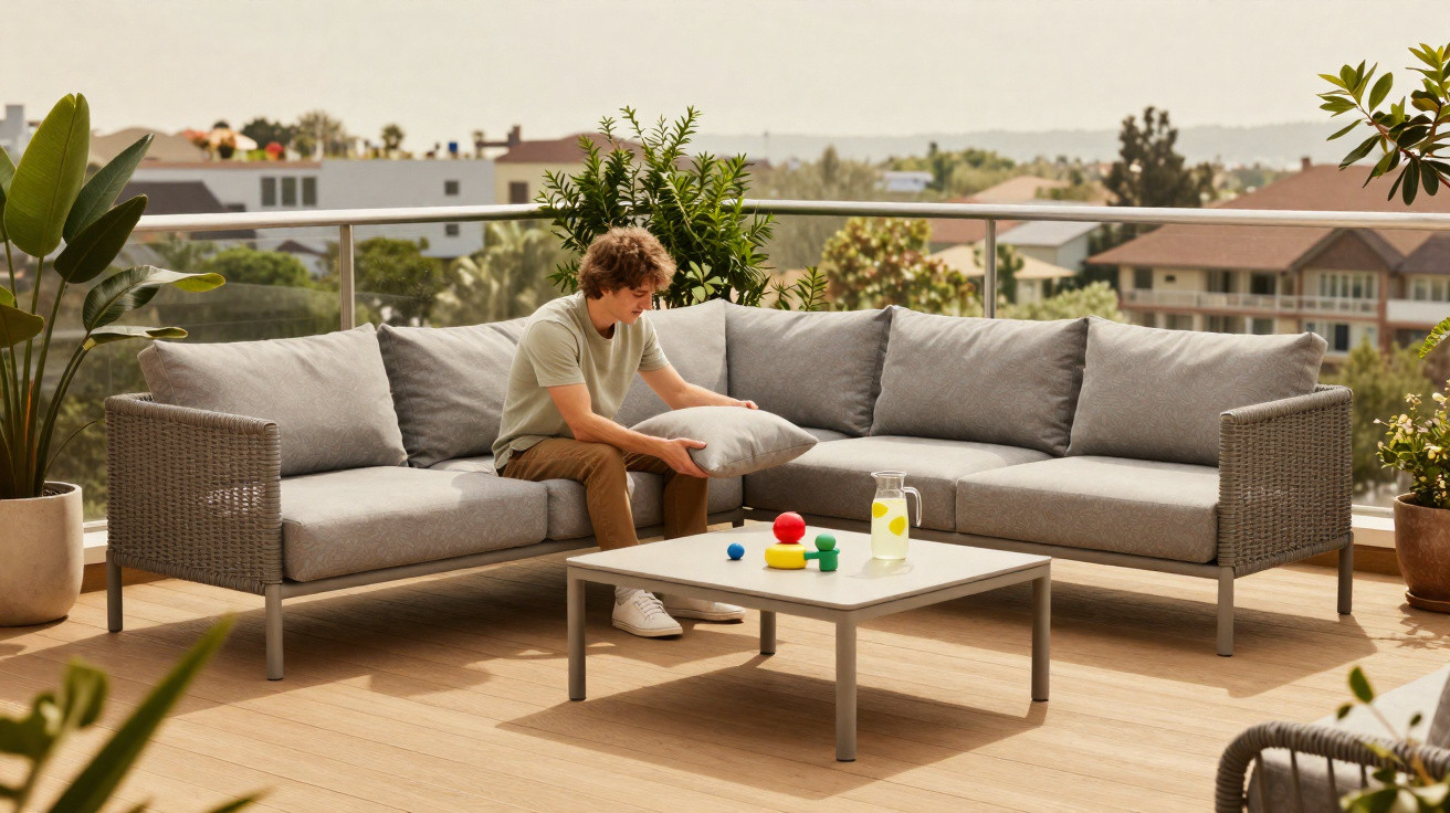 Junger Mann richtet Kissen auf grauer Sofa-Ecke auf sonniger Terrasse mit Pflanzen und Ausblick ein.