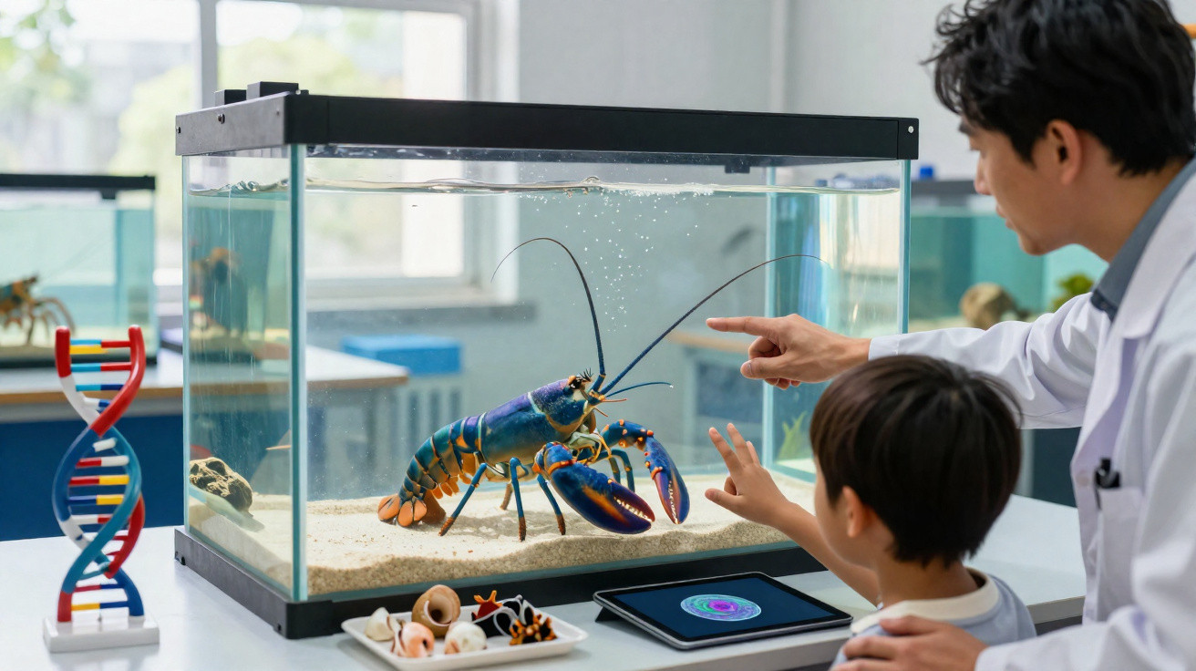 Ein Mann und ein Kind beobachten einen großen Hummer in einem Aquarium in einem wissenschaftlichen Labor.