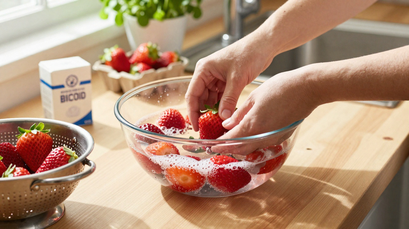 Hände tauchen Erdbeeren in eine Schüssel mit Wasser und mildem Reinigungsmittel auf einer Küchenarbeitsplatte.