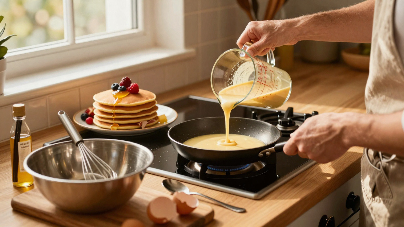 Person gießt Pancake-Teig in Pfanne, neben Espressomaschine und Stapel Pancakes mit Beeren auf Teller.