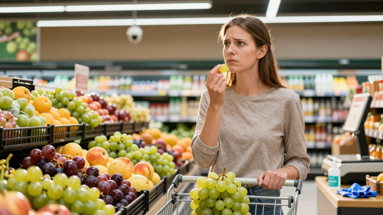 Frau im Supermarkt probiert skeptisch eine gelbe Traube am Obststand mit Einkaufswagen voller Trauben.