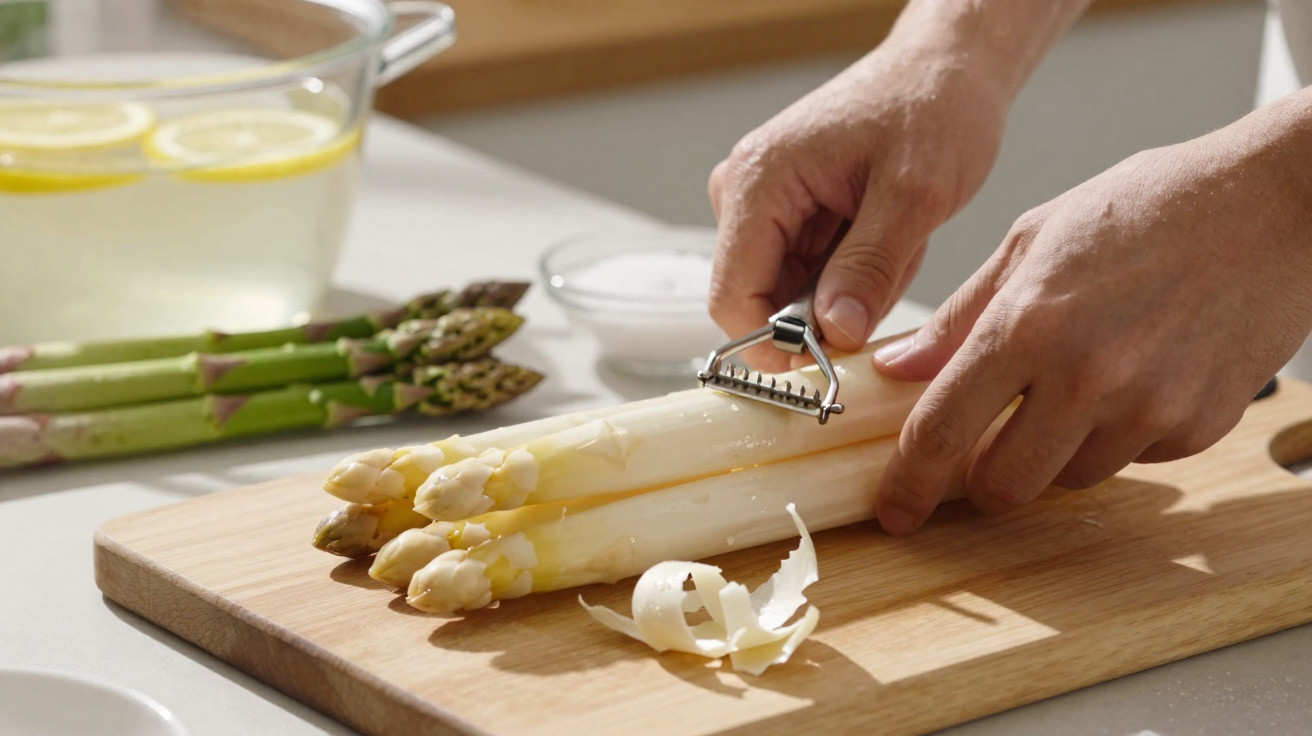 Hände schälen weißen Spargel mit Schäler auf Holzbrett, grüner Spargel und Zitronenwasser im Hintergrund.