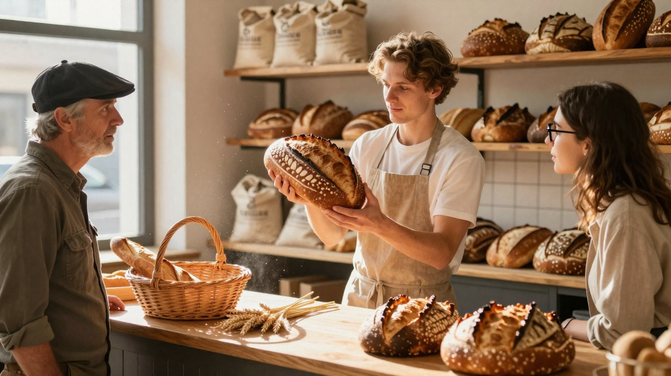 Verkäufer zeigt Kunden frisch gebackenes Brot in einer Bäckerei mit Theke und Brotsortiment im Hintergrund.