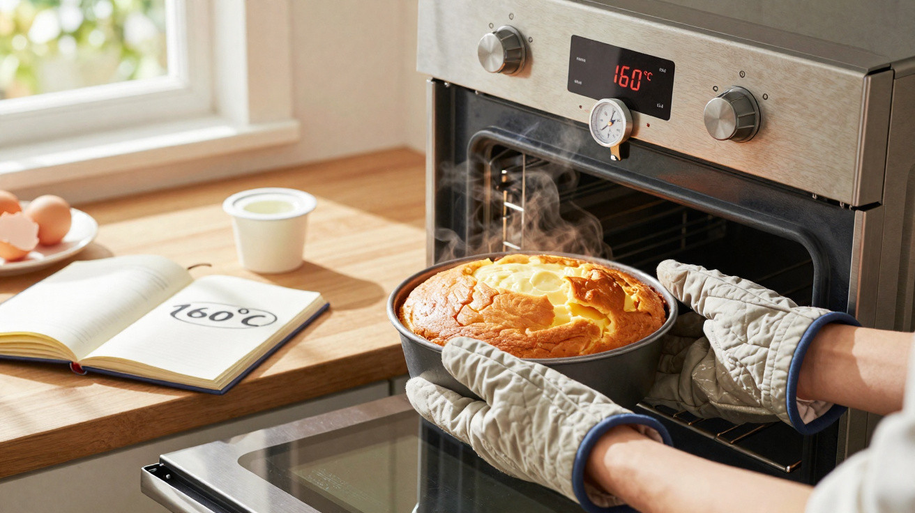 Person mit Ofenhandschuhen nimmt frisch gebackenen Kuchen aus dem Backofen bei 160 °C heraus, dampft sichtbar.