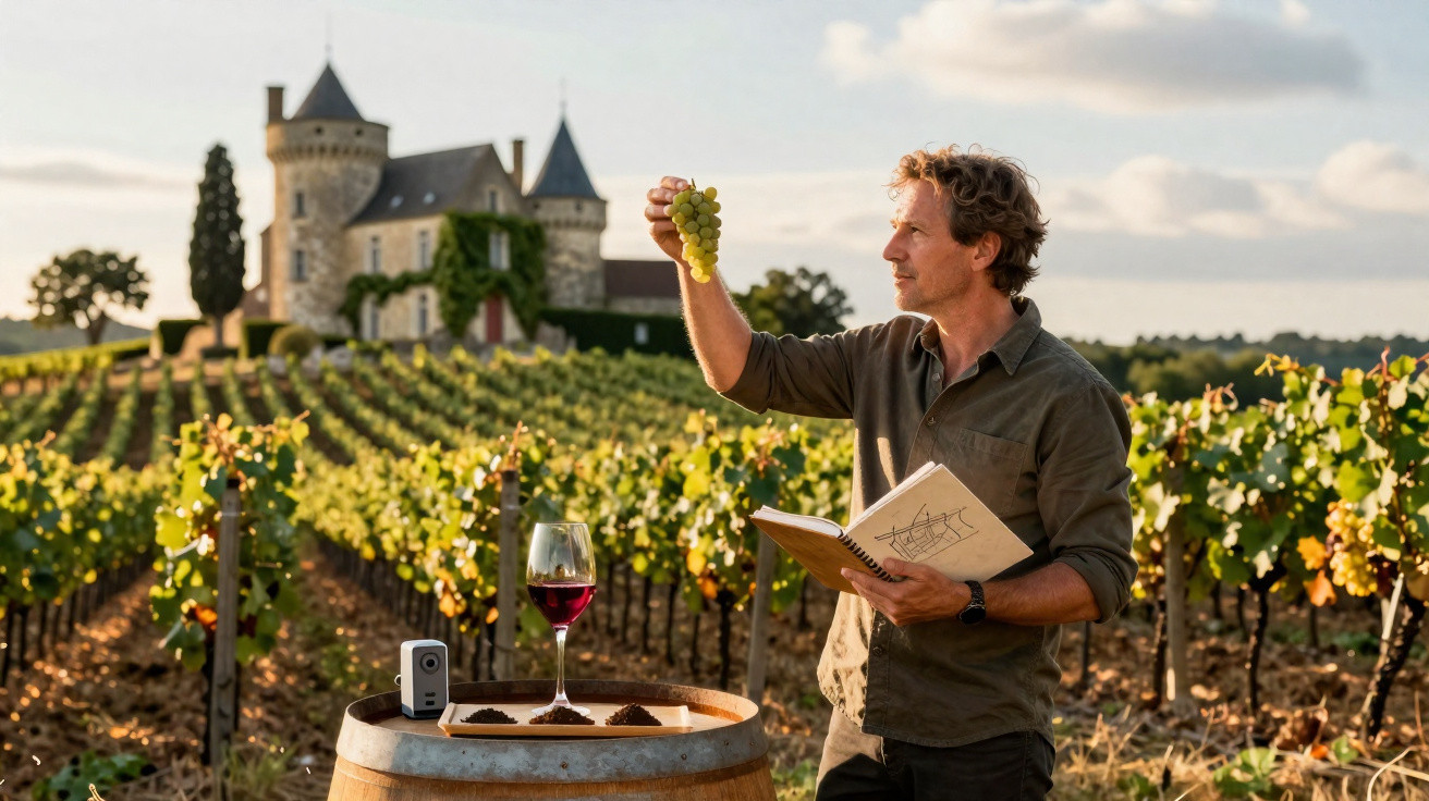 Mann untersucht Weintrauben im Weinberg mit Schloss im Hintergrund, Weinglas und Notizbuch auf Fass.