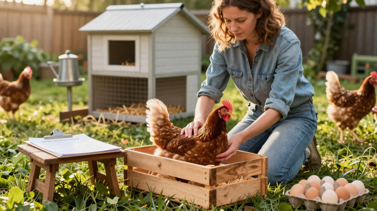 Frau setzt Huhn in Holzkiste im Garten, neben Eierkarton und Hühnerstall auf Grasfläche.