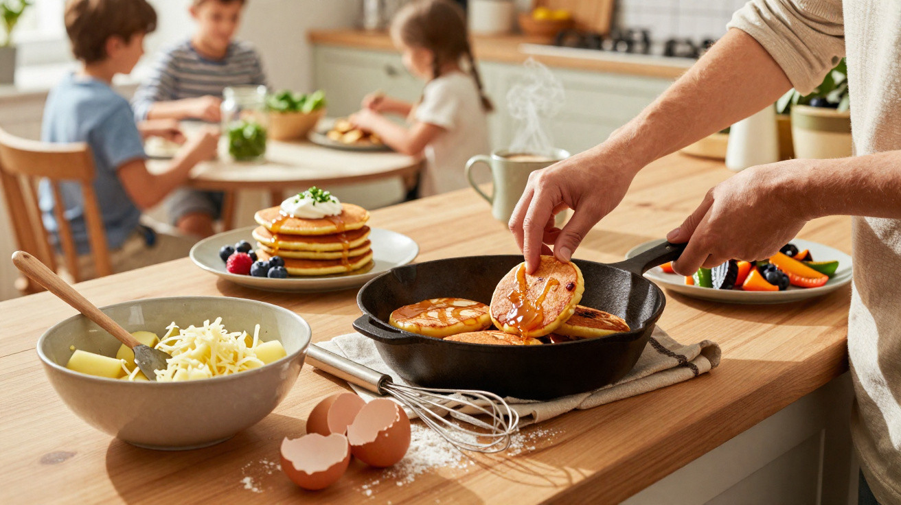 Person hebt Pancake mit Ahornsirup aus der Pfanne, Kinder sitzen im Hintergrund am Tisch.