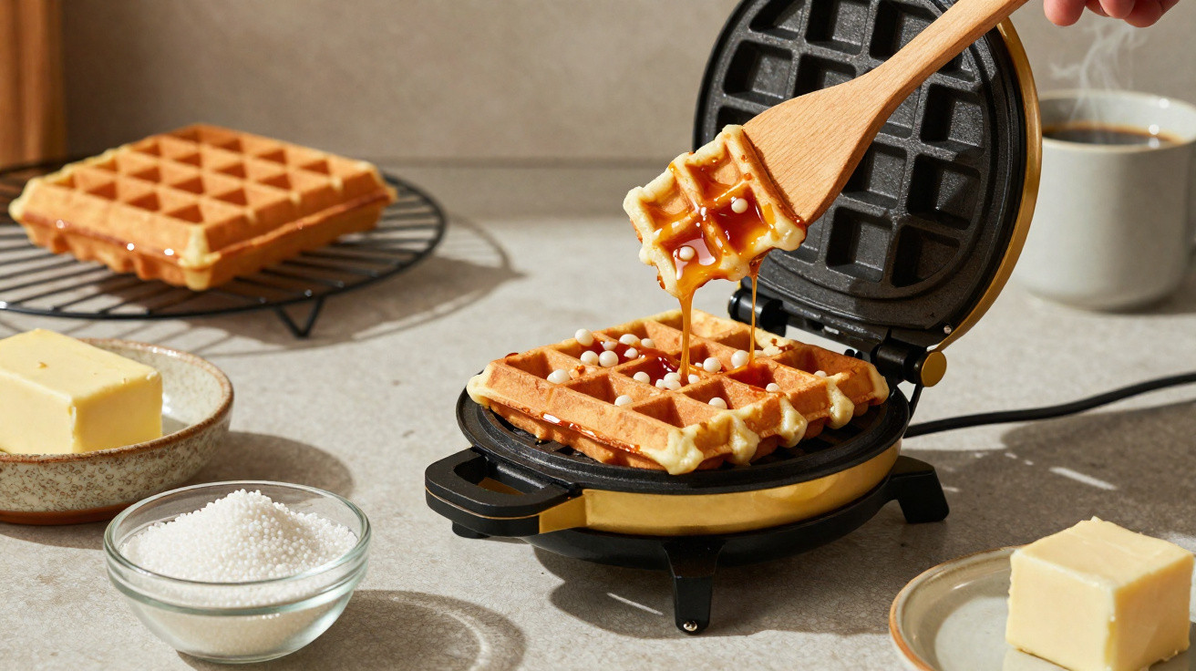 Frisch gebackene Waffeln im Waffeleisen, die mit Sirup übergossen und mit Zuckerperlen bestreut werden.