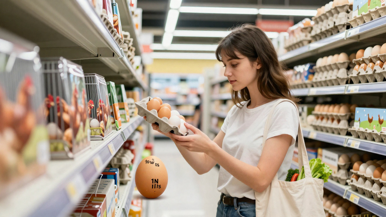 Frau wählt Eier im Supermarkt aus, trägt weiße Tasche mit frischem Gemüse, steht zwischen Regalen.