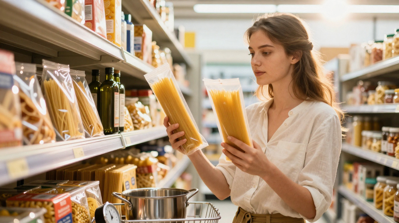 Junge Frau vergleicht zwei Packungen Spaghetti im Supermarktgang vor einem Einkaufswagen mit Kochtopf.
