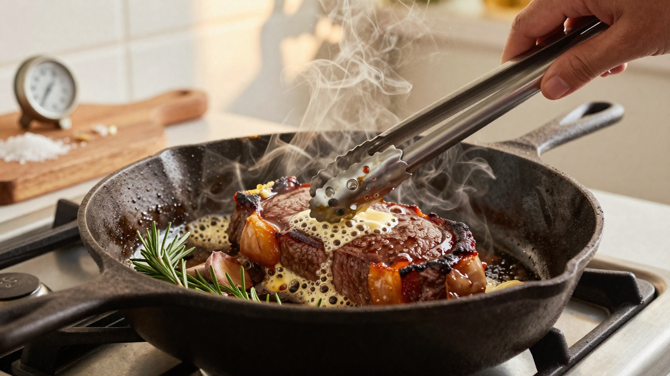 Saftiges Steak in Pfanne mit schmelzender Butter, Rosmarin und Zwiebeln wird mit Zange gewendet.