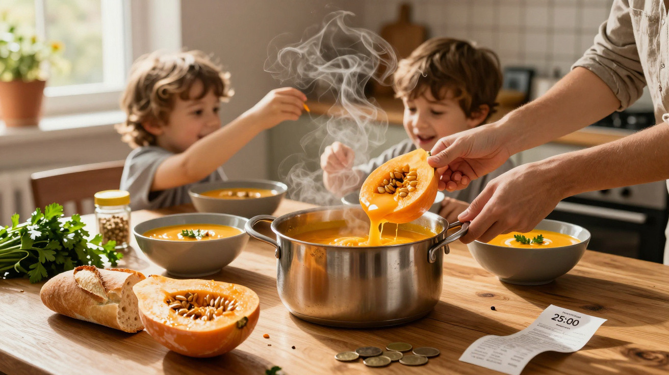 Zwei Kinder und eine erwachsene Person bereiten gemeinsam heiße Kürbissuppe in einer Küche zu.