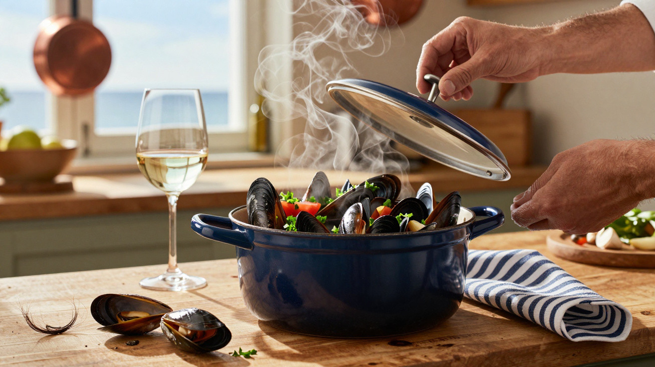 Ein Topf mit dampfenden Miesmuscheln und Gemüse auf Holztisch, daneben ein Glas Weißwein.