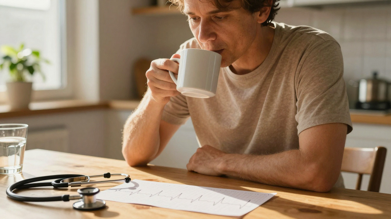 Mann trinkt Kaffee, sitzt am Tisch mit EKG-Ausdruck und Stethoskop in heller Küche.