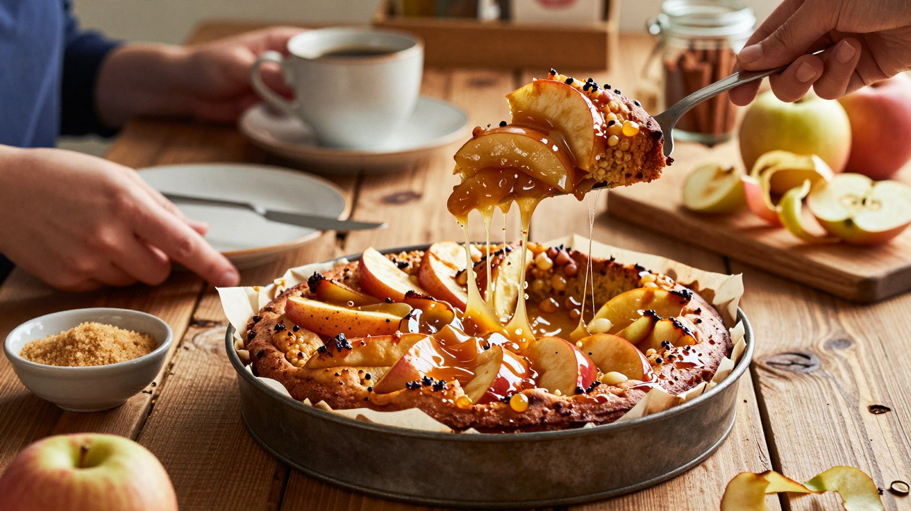 Apfelkuchen mit Karamellsoße auf rustikalem Tisch, daneben eine Tasse Kaffee und frische Äpfel.